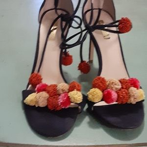 Navy blue suede pom pom tie heeled sandal